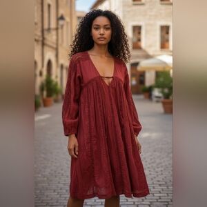 American Eagle Outfitters Wine Burgundy Embroidered Flowy Dress